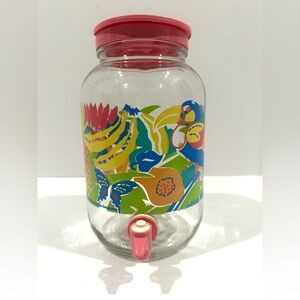 Vintage 90s Glass Sun Tea Jar Tropical Drink Dispenser Pink Palms Parrots Trees